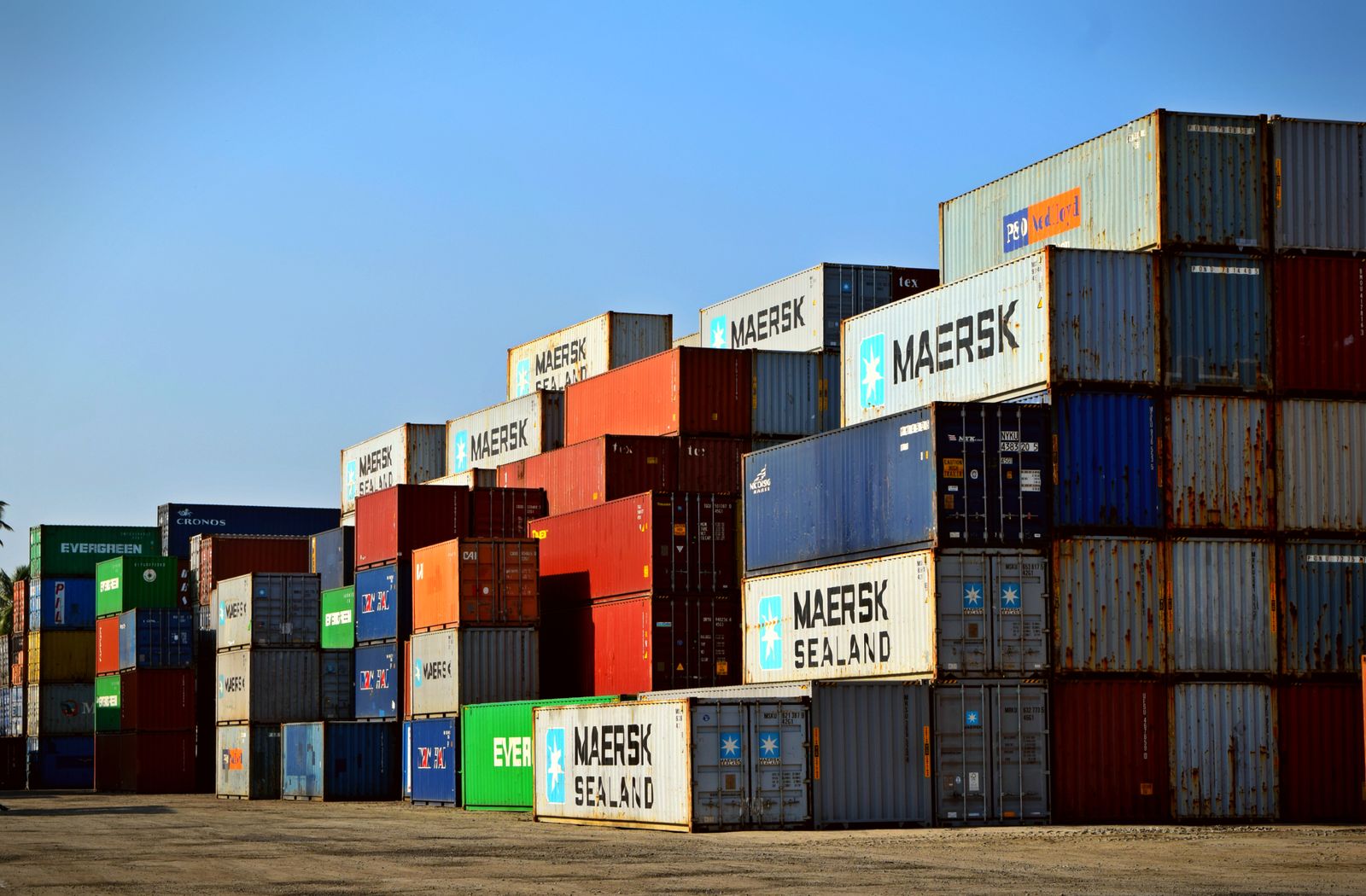 Aerial view of ocean freight and container vessels